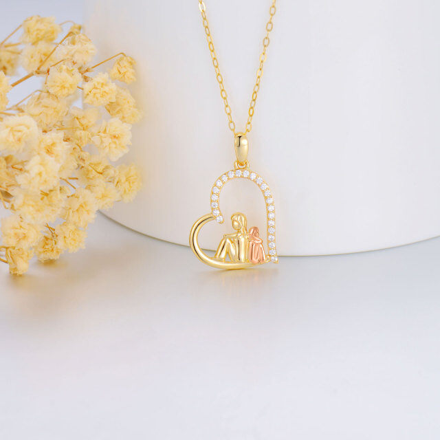 14K Gold & Rose Gold Round Cubic Zirconia Mother & Daughter & Heart Pendant Necklace-2
