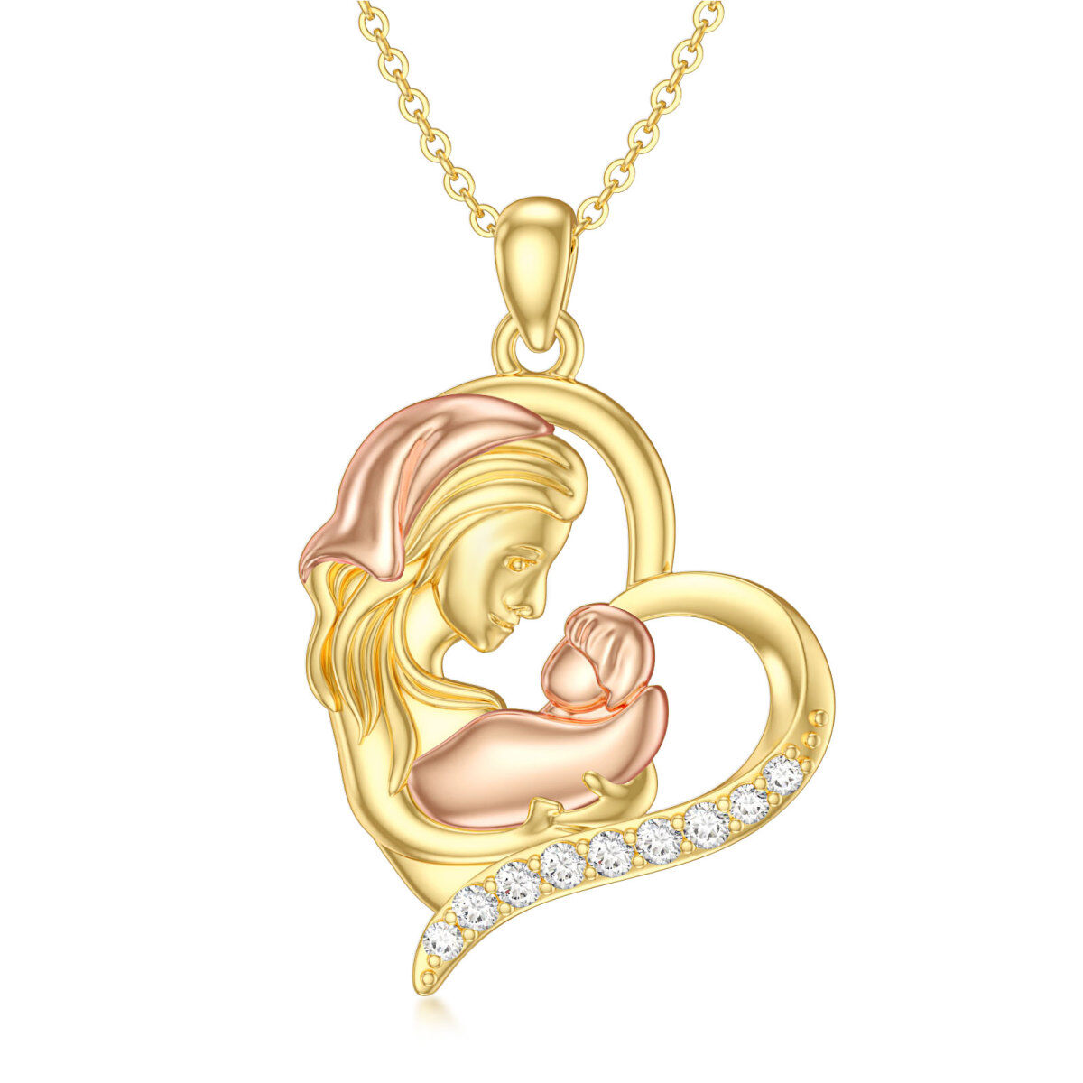14K Gold & Rose Gold Round Cubic Zirconia Mother & Daughter & Heart Pendant Necklace-1