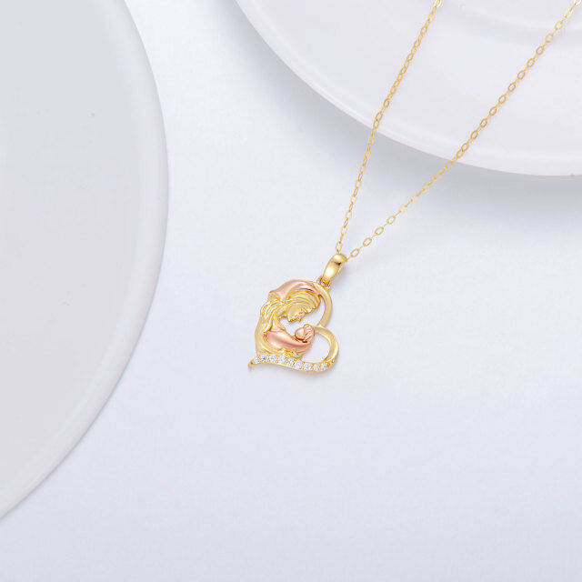 Colar com pingente de coração de zircão em ouro 14K como presente de aniversário do dia das mães-3