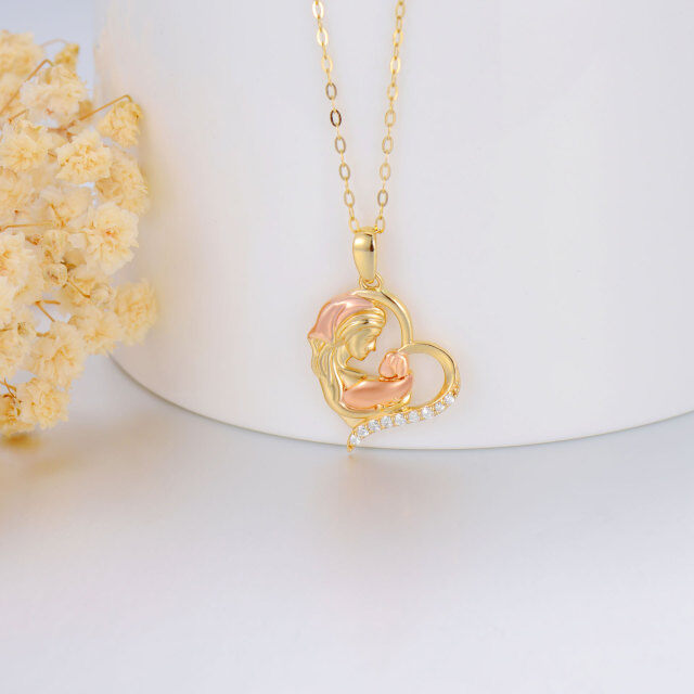14K Gold & Rose Gold Round Cubic Zirconia Mother & Daughter & Heart Pendant Necklace-2