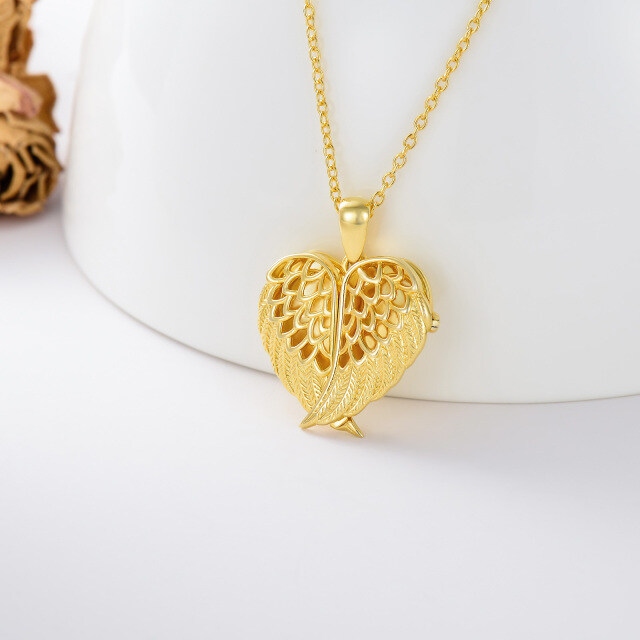 10K Gold Angel Wing Heart Personalized Engraving Photo Locket Necklace-3