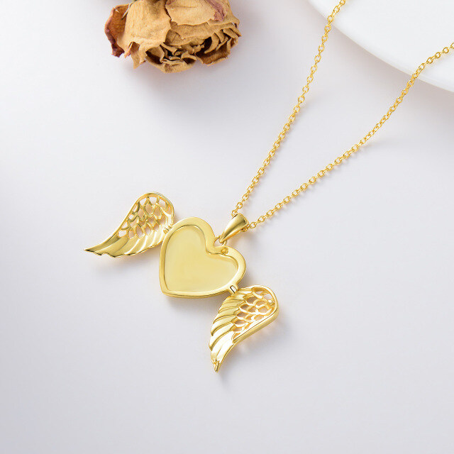 10K Oro Angel Wing Corazón Personalizado Grabado Foto Locket Collar-4