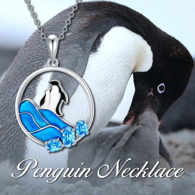 Sterling Silver Oval Shaped Crystal Penguin Pendant Necklace-5