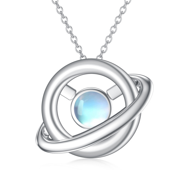 Sterling Silver Round Moonstone Planet Pendant Necklace-5