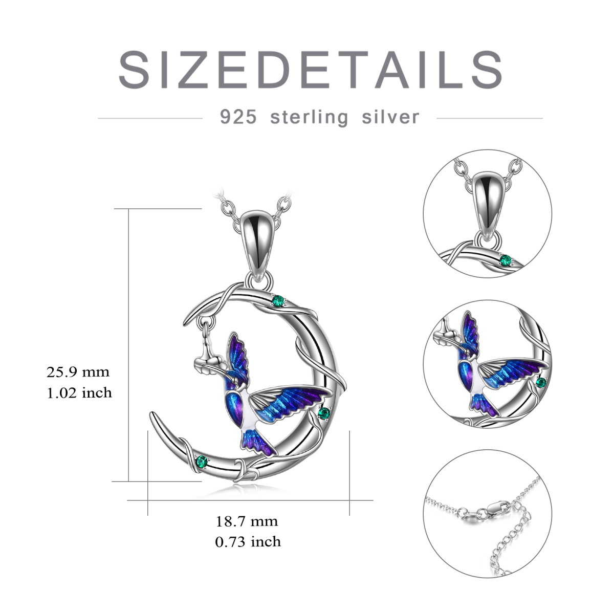 Sterling Silber kreisförmig Kristall Kolibri & Mond Anhänger Halskette-5