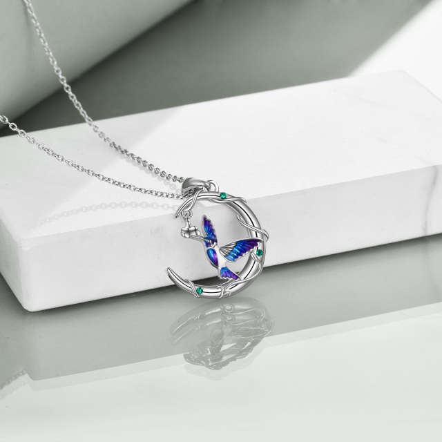 Sterling Silver Circular Shaped Crystal Hummingbird & Moon Pendant Necklace-3