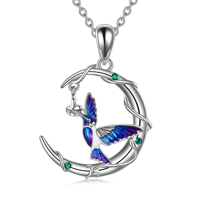 Sterling Silver Circular Shaped Crystal Hummingbird & Moon Pendant Necklace-0