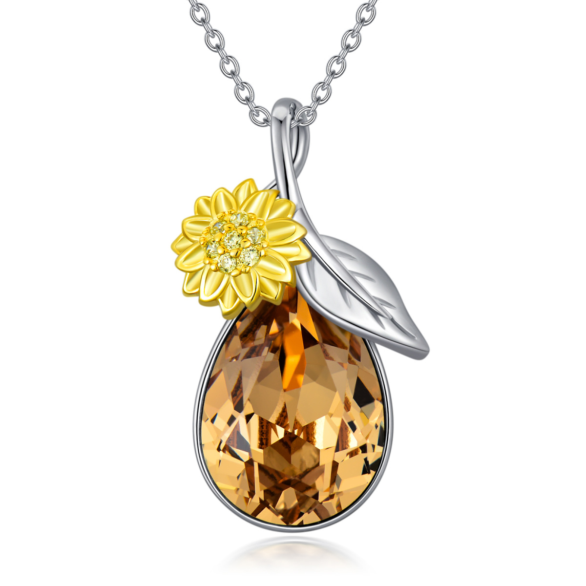 Sterling Silver Pear Shaped Crystal Sunflower Pendant Necklace-1