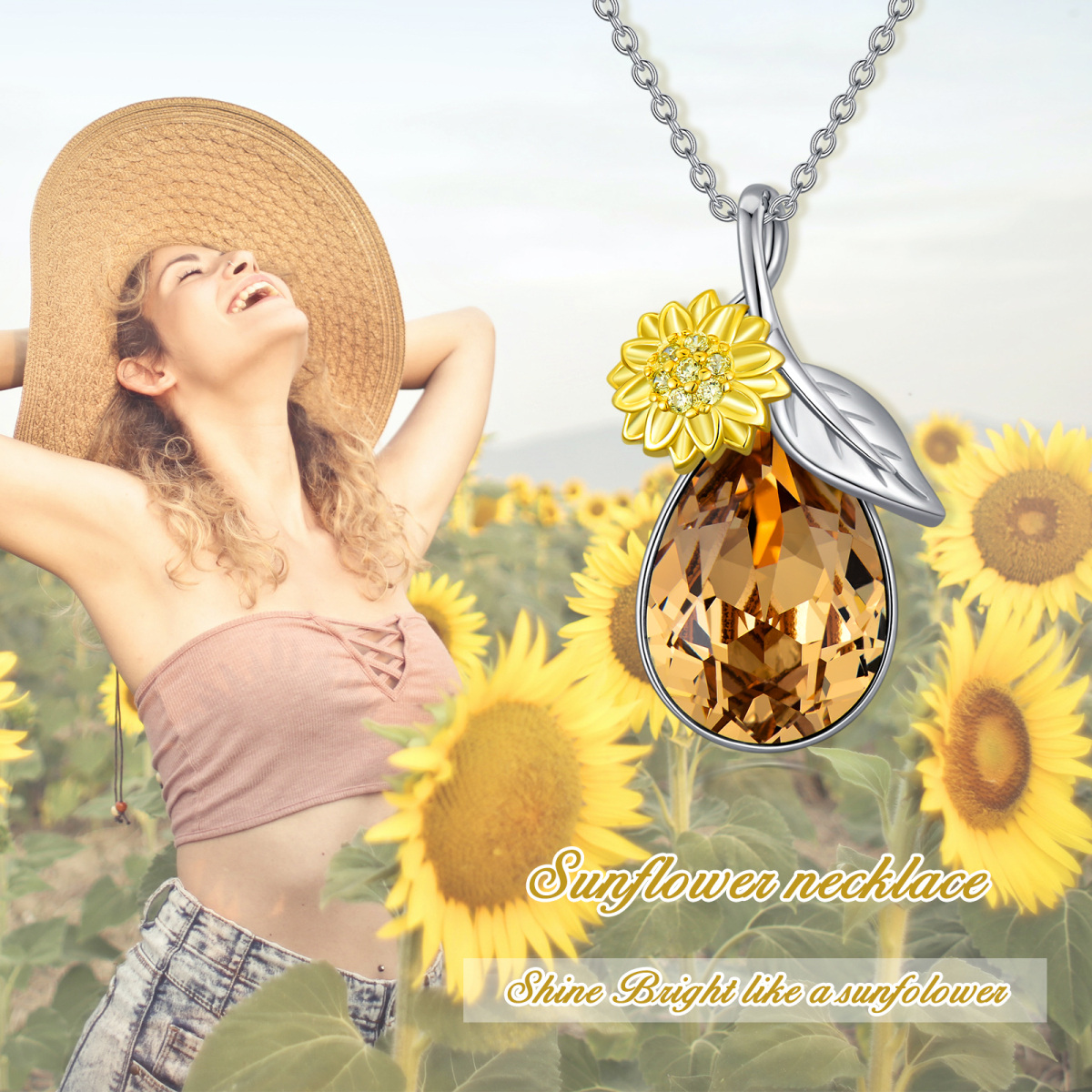 Sterling Silver Pear Shaped Crystal Sunflower Pendant Necklace-6