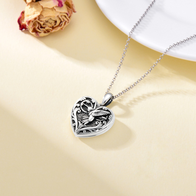 Sterling Silver Hummingbird Heart Personalized Engraving Photo Locket Necklace-3
