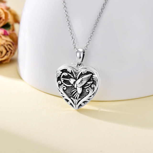 Sterling Silver Hummingbird Heart Personalized Engraving Photo Locket Necklace-2