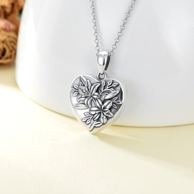 Sterling Silver Lily Heart Personalized Photo Locket Necklace-3