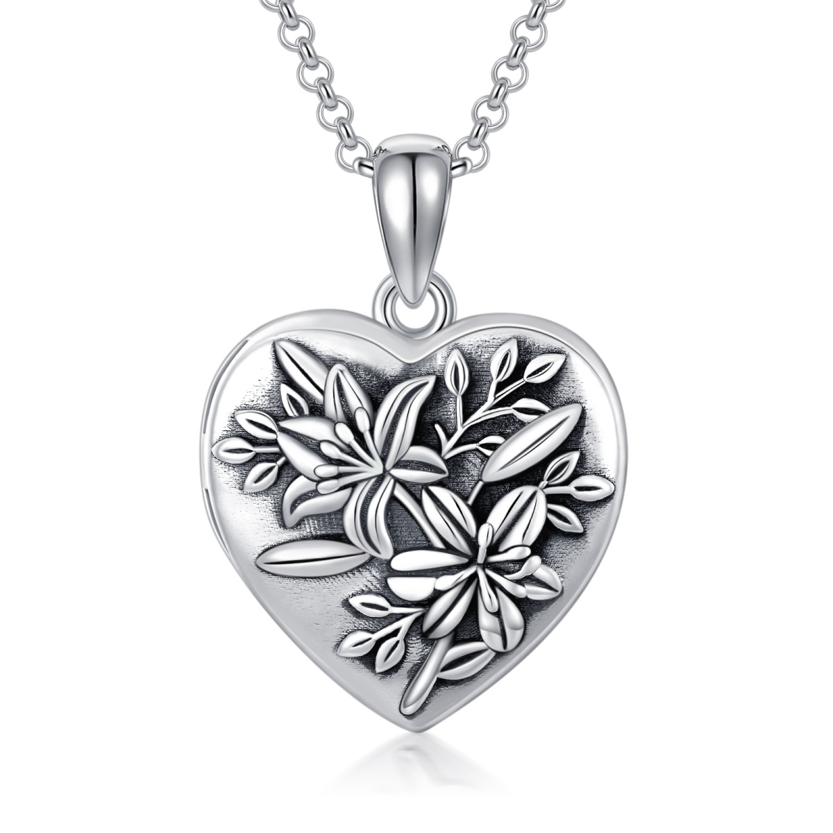 Sterling Silver Lily Heart Personalized Photo Locket Necklace-1