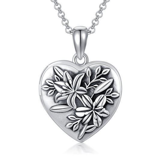 Sterling Silver Lily Heart Personalized Photo Locket Necklace