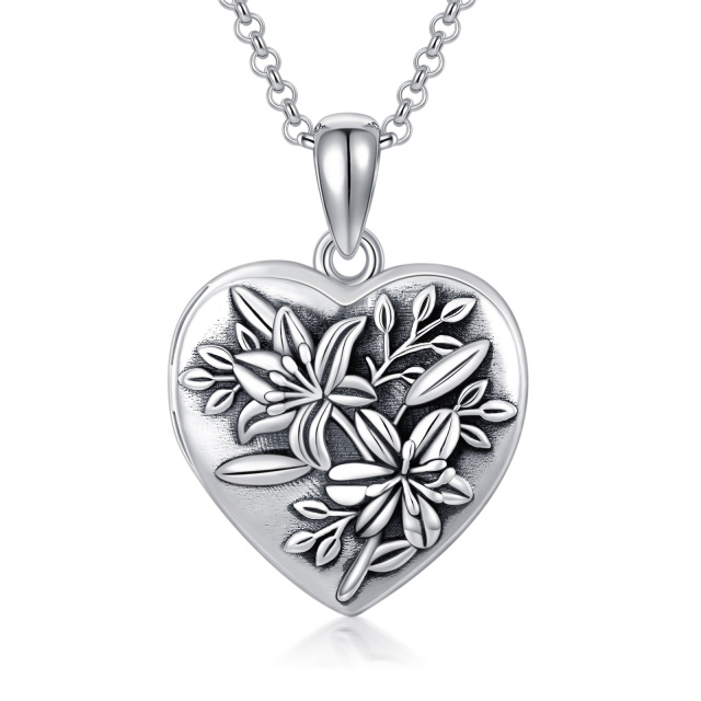 Sterling Silver Lily Heart Personalized Photo Locket Necklace-0