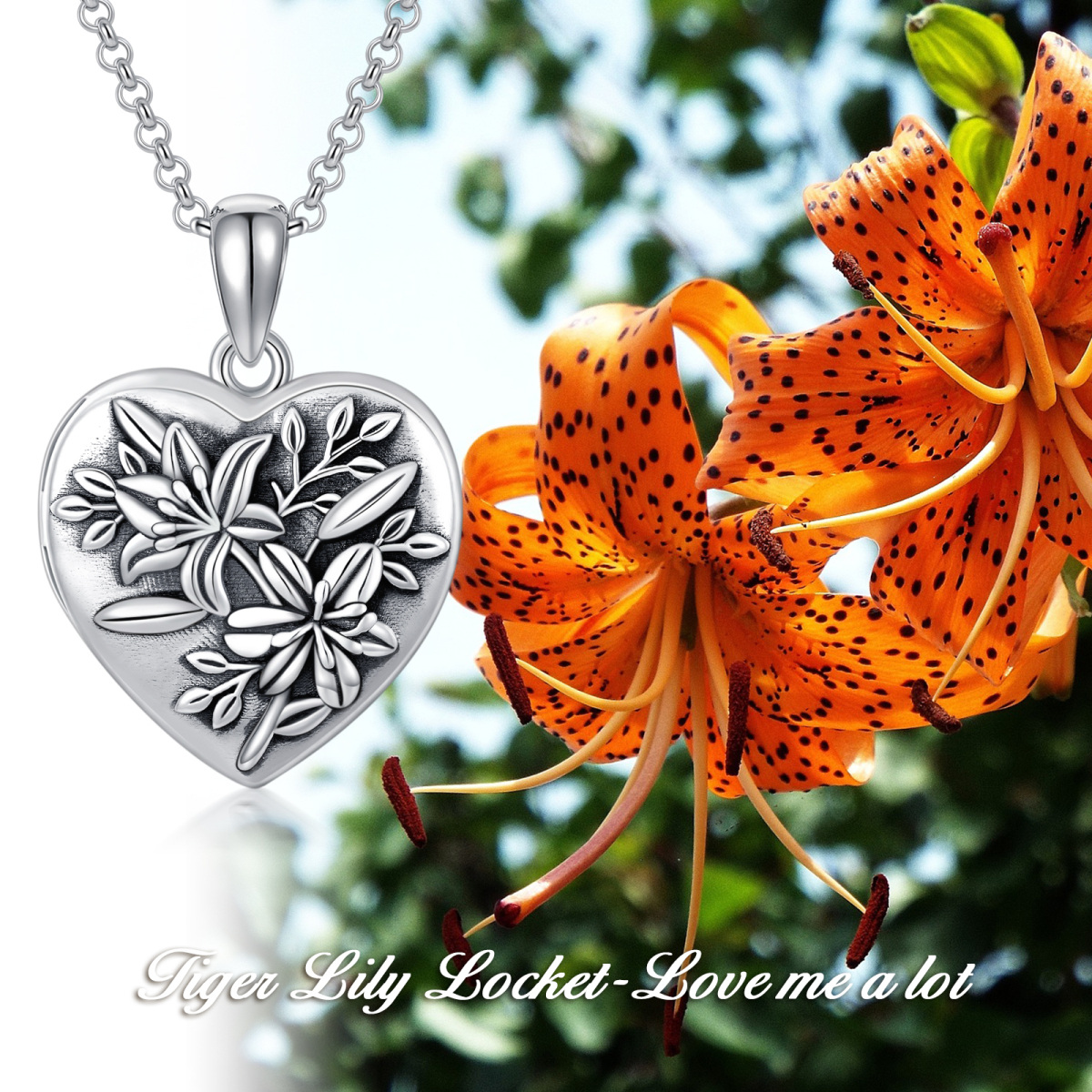 Sterling Silver Lily Heart Personalized Photo Locket Necklace-6