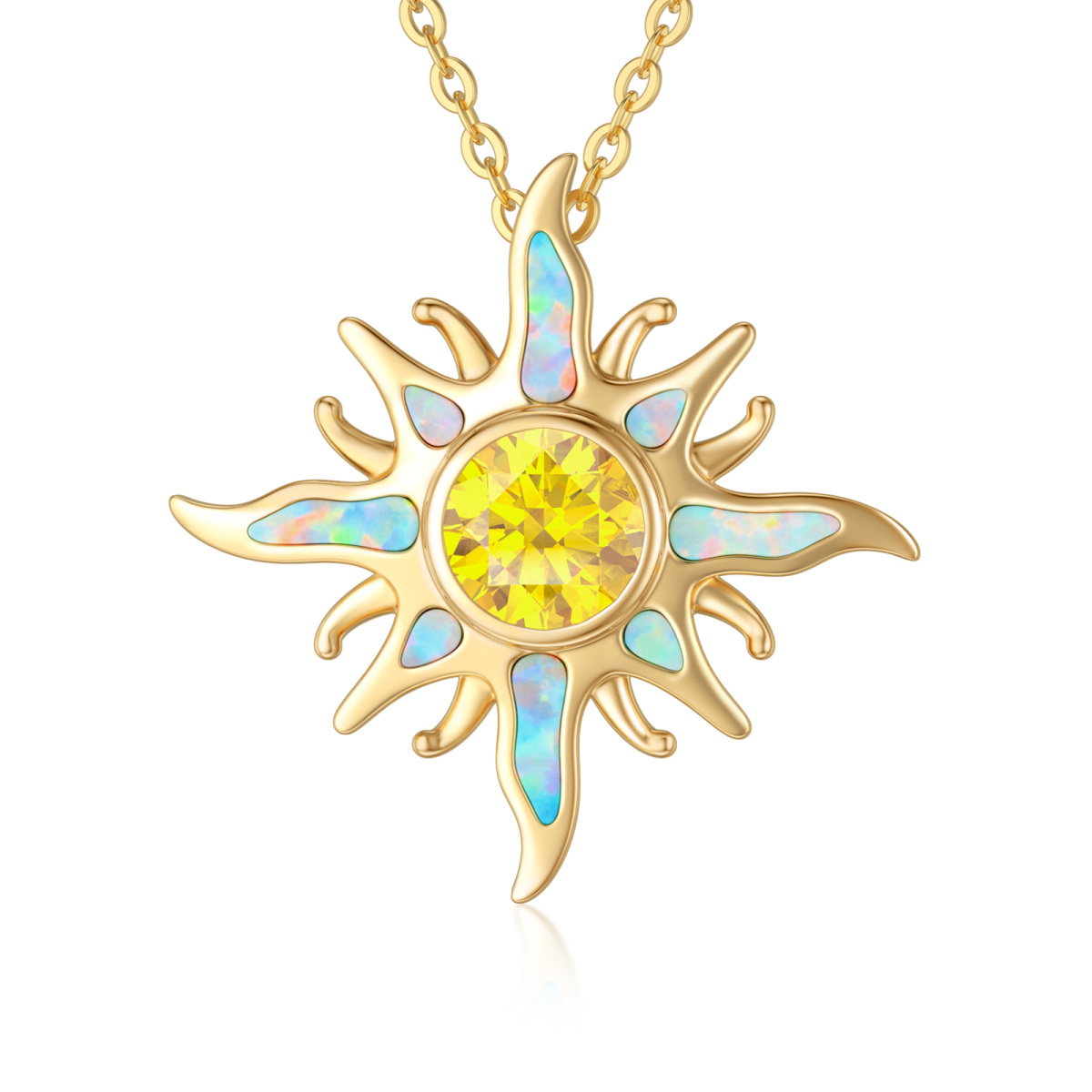 14K Gold Cubic Zirconia & Opal Sun Pendant Necklace-1