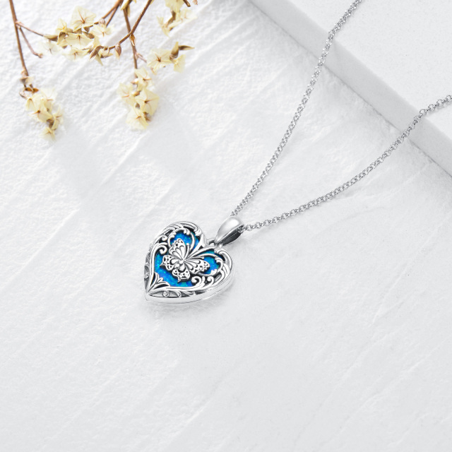 Sterling Silver Butterfly Heart Shaped Blue Opal Personalized Photo Locket Necklace-3