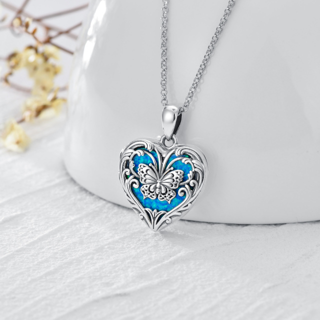 Sterling Silver Butterfly Heart Shaped Blue Opal Personalized Photo Locket Necklace-2