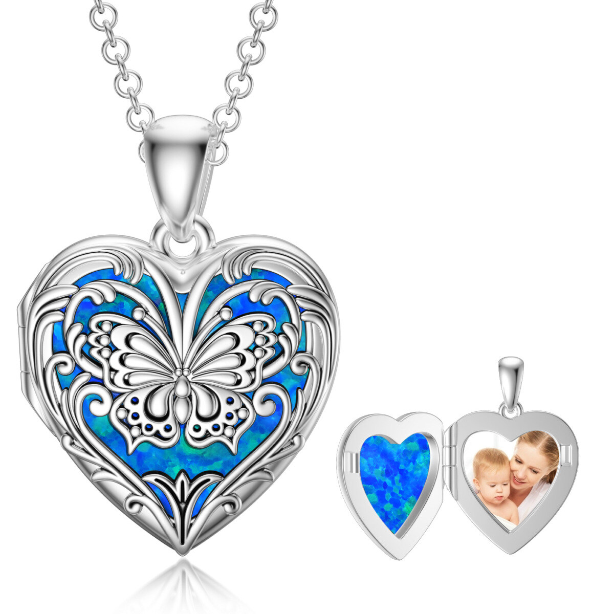 Collar portafotos personalizado con ópalo azul en forma de corazón de mariposa de plata de ley-1
