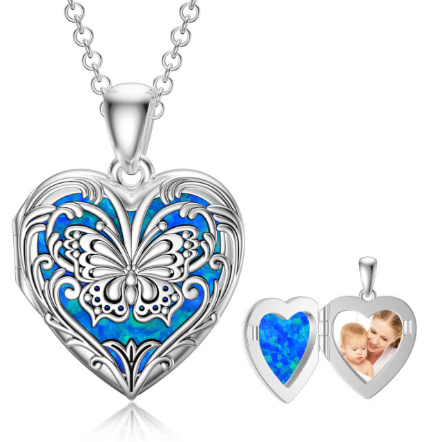 Sterling Silver Butterfly Heart Shaped Blue Opal Personalized Photo Locket Necklace-0