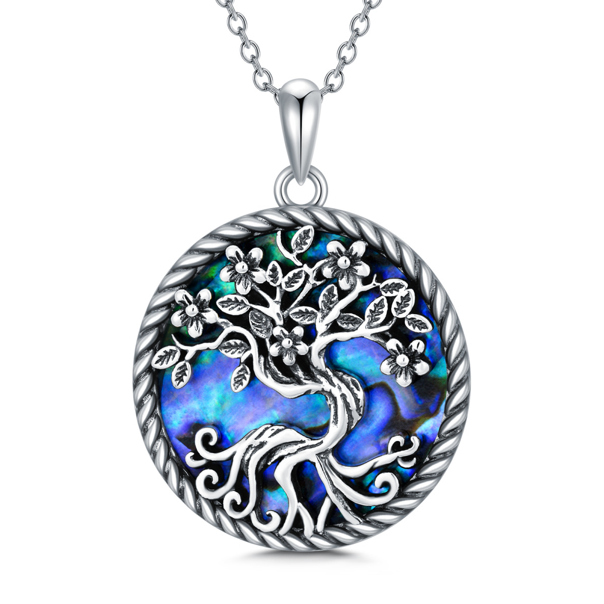 Sterling Silver Abalone Shellfish Tree Of Life Peach Blossom Pendant Necklace-1