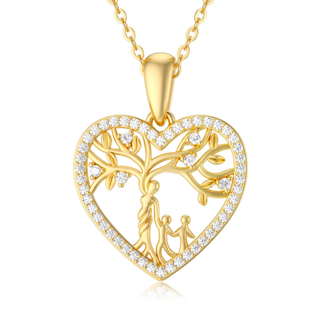 14K Gold Moissanite Tree Of Life & Mother Heart Pendant Necklace-1