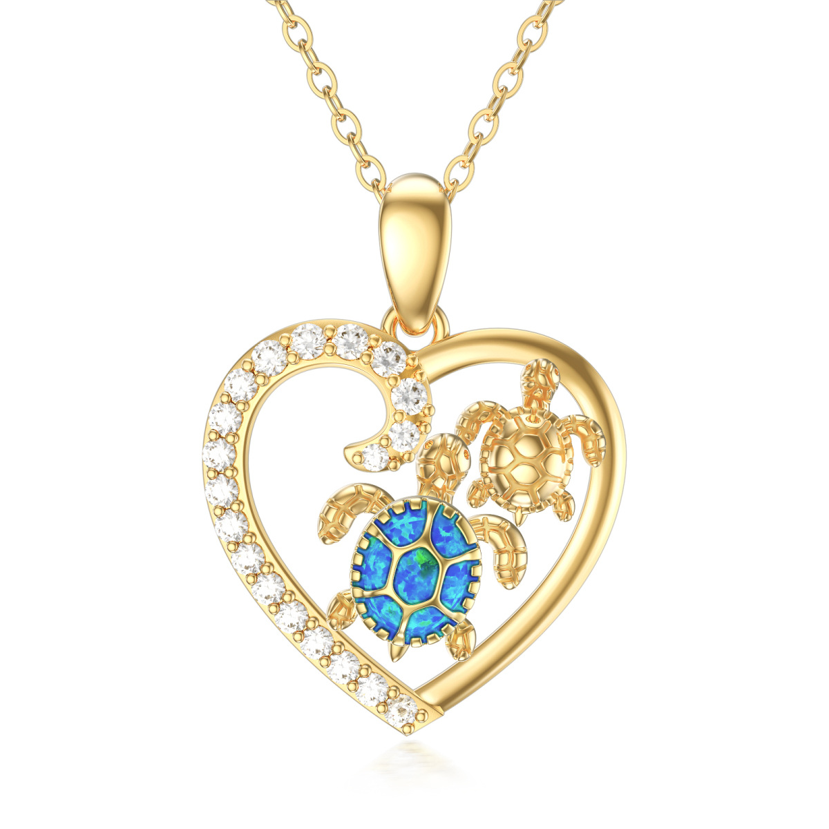 14K Gold Cubic Zirconia & Opal Sea Turtle & Heart Pendant Necklace-1