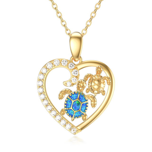 14K Gold Cubic Zirconia & Opal Sea Turtle & Heart Pendant Necklace-0