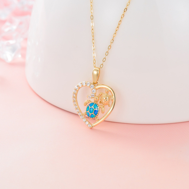 14K Gold Cubic Zirconia & Opal Sea Turtle & Heart Pendant Necklace-2