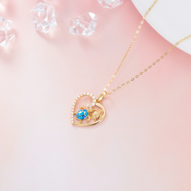 14K Gold Cubic Zirconia & Opal Sea Turtle & Heart Pendant Necklace-4
