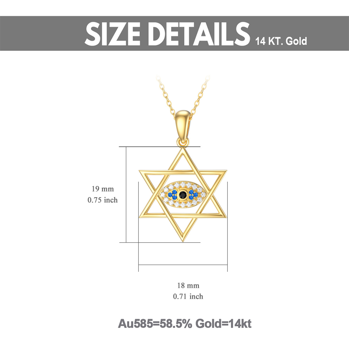 14K Gold Cubic Zirkonia Evil Eye & Star Of David Anhänger Halskette-5