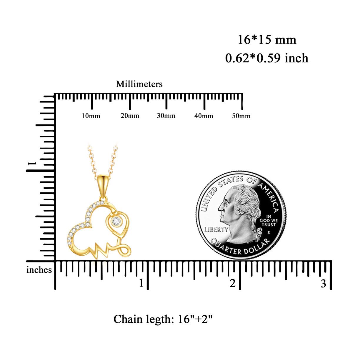 14K Gold Cubic Zirkonia Herz Stethoskop & Elektrokardiogramm Anhänger Halskette-5