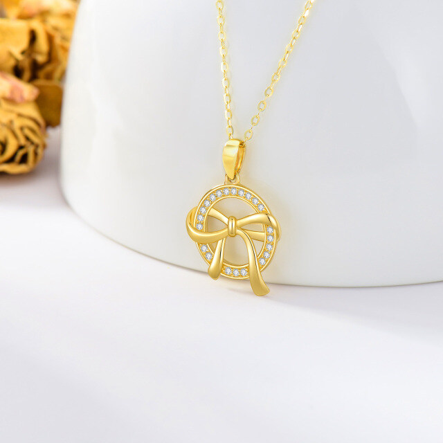 9K Gold Round Zircon Bow Pendant Necklace-3