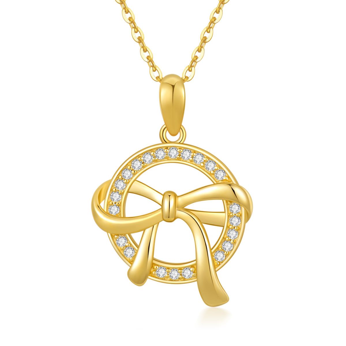 9K Gold Round Zircon Bow Pendant Necklace-1