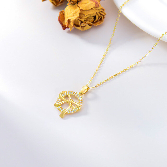 9K Gold Round Zircon Bow Pendant Necklace-4