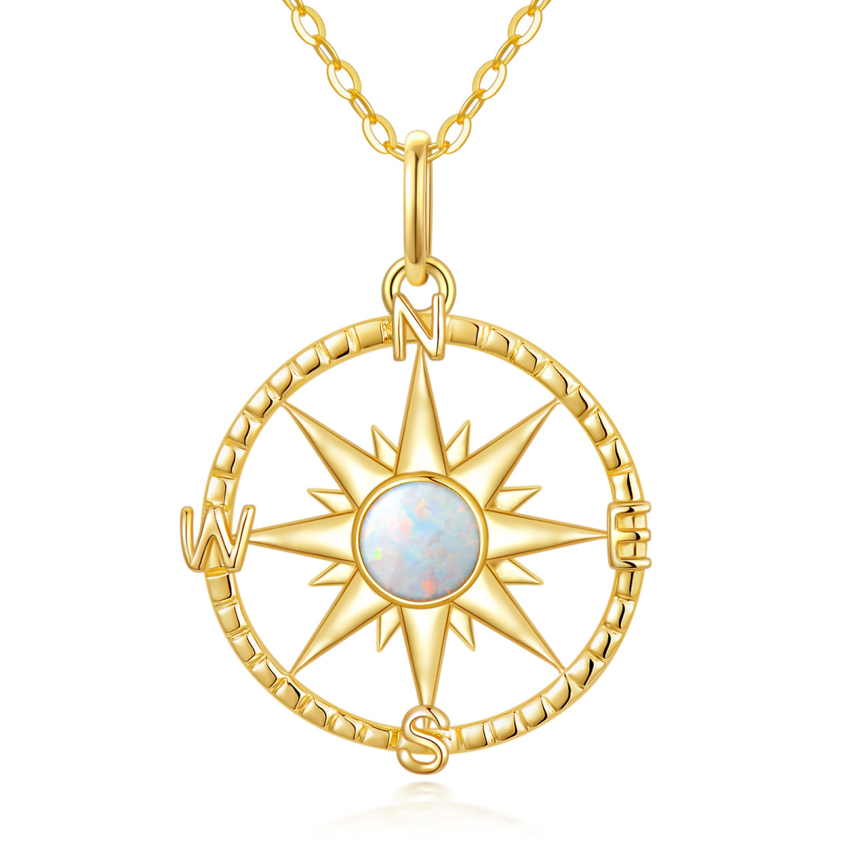 Collier pendentif boussole et soleil en or 9K et opale-1