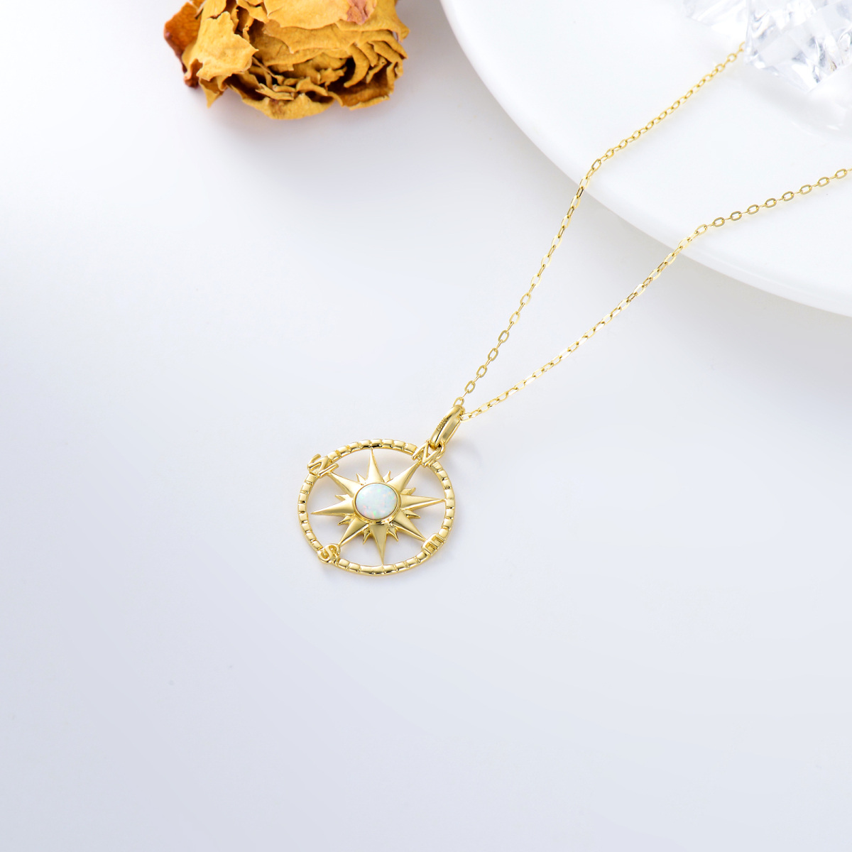 9K Gold Opal Compass & Sun Pendant Necklace-4