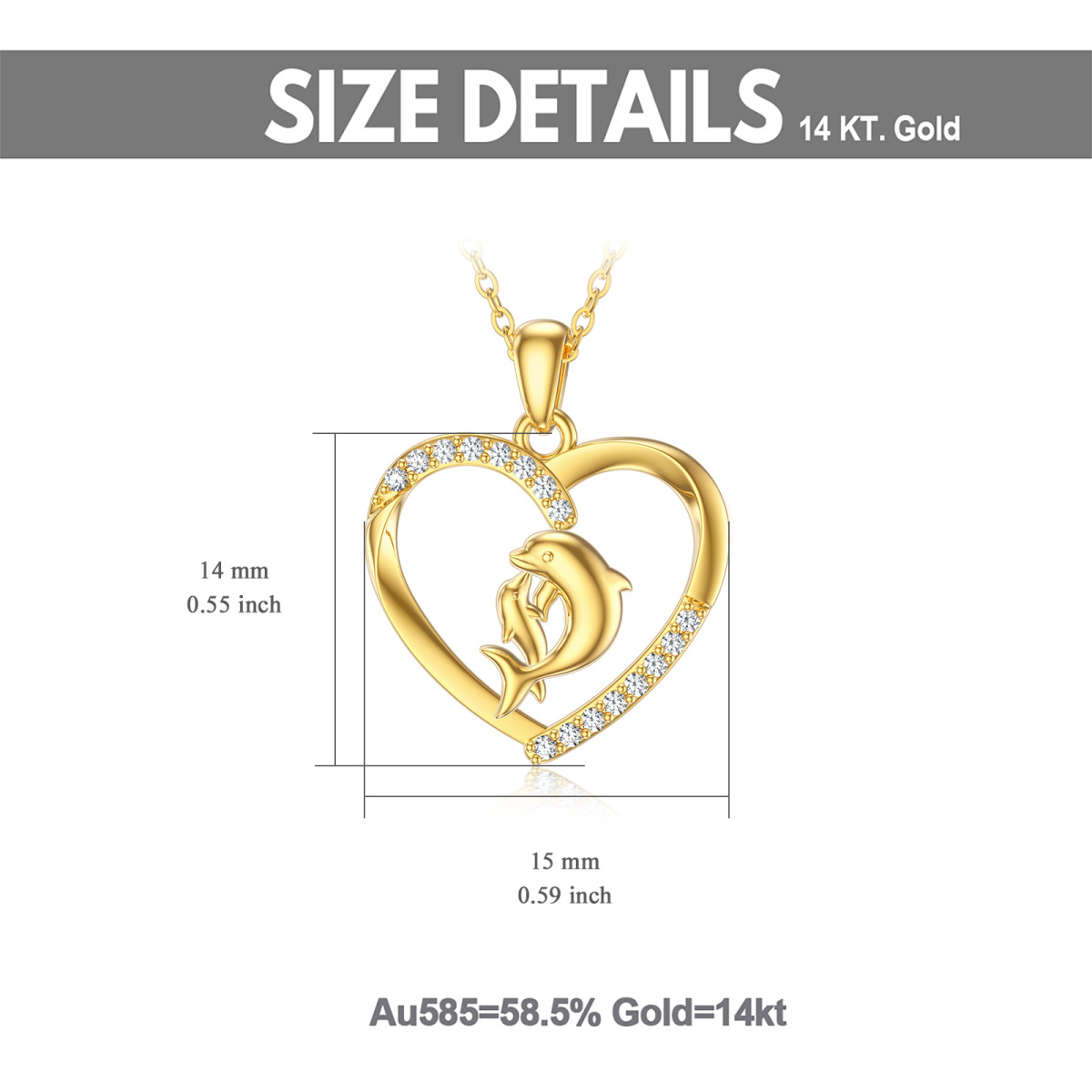 Collier pendentif dauphin et coeur en or 14K à zircons cubiques-5