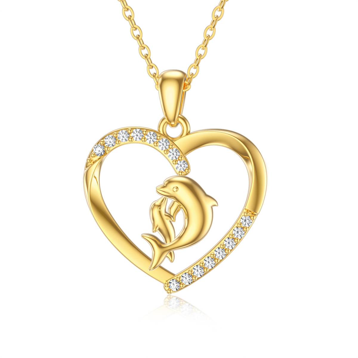 14K Gold Cubic Zirconia Dolphin & Heart Pendant Necklace-1