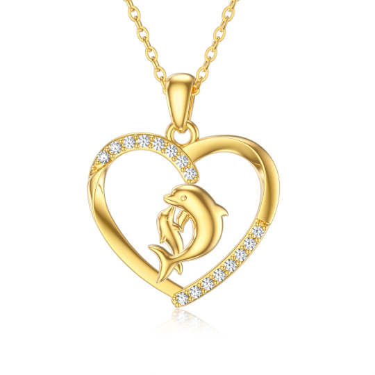 14k Solid Gold Dolphin necklace Ocean Necklace Love Heart Pendant Necklace