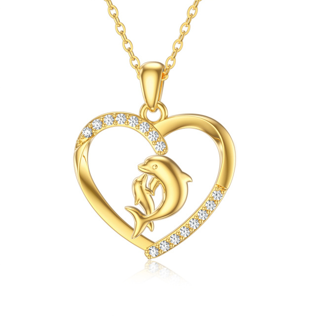 14K Gold Cubic Zirconia Dolphin & Heart Pendant Necklace-0