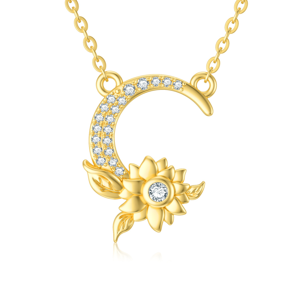 14K Gold Moissanite Sunflower & Moon Pendant Necklace-1