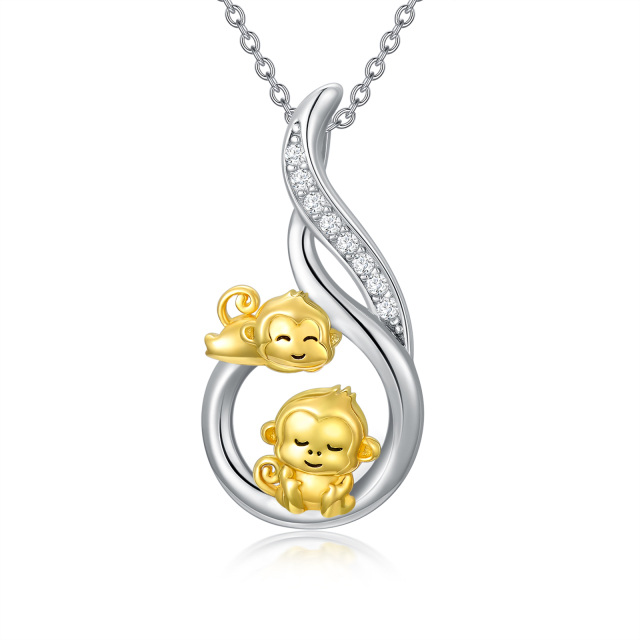 Sterling Silver Two-tone Round Cubic Zirconia Monkey Pendant Necklace-4