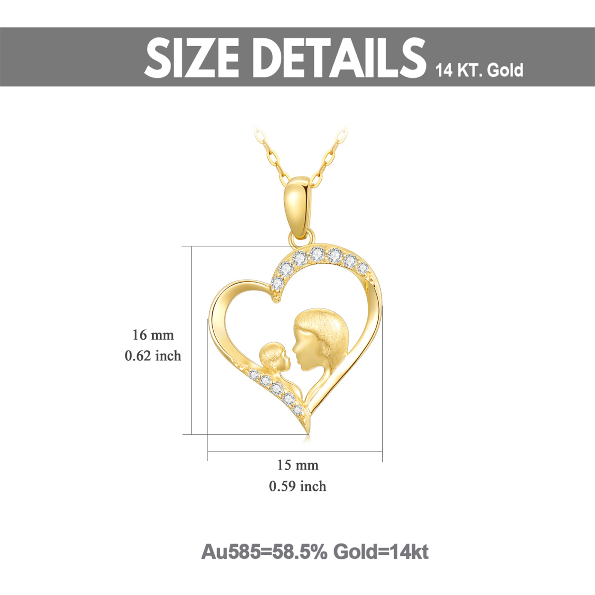 Collar de oro de 14 quilates de circonio cúbico madre y corazón colgante-5