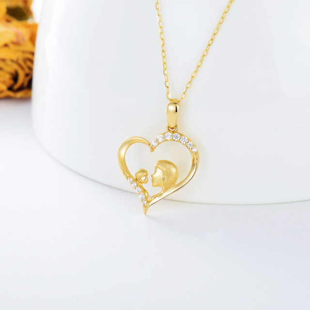 14K Gold Cubic Zirconia Mother & Heart Pendant Necklace-2