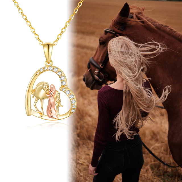 14K Gold & Rose Gold Cubic Zirkonia Pferd & Herz Anhänger Halskette-4