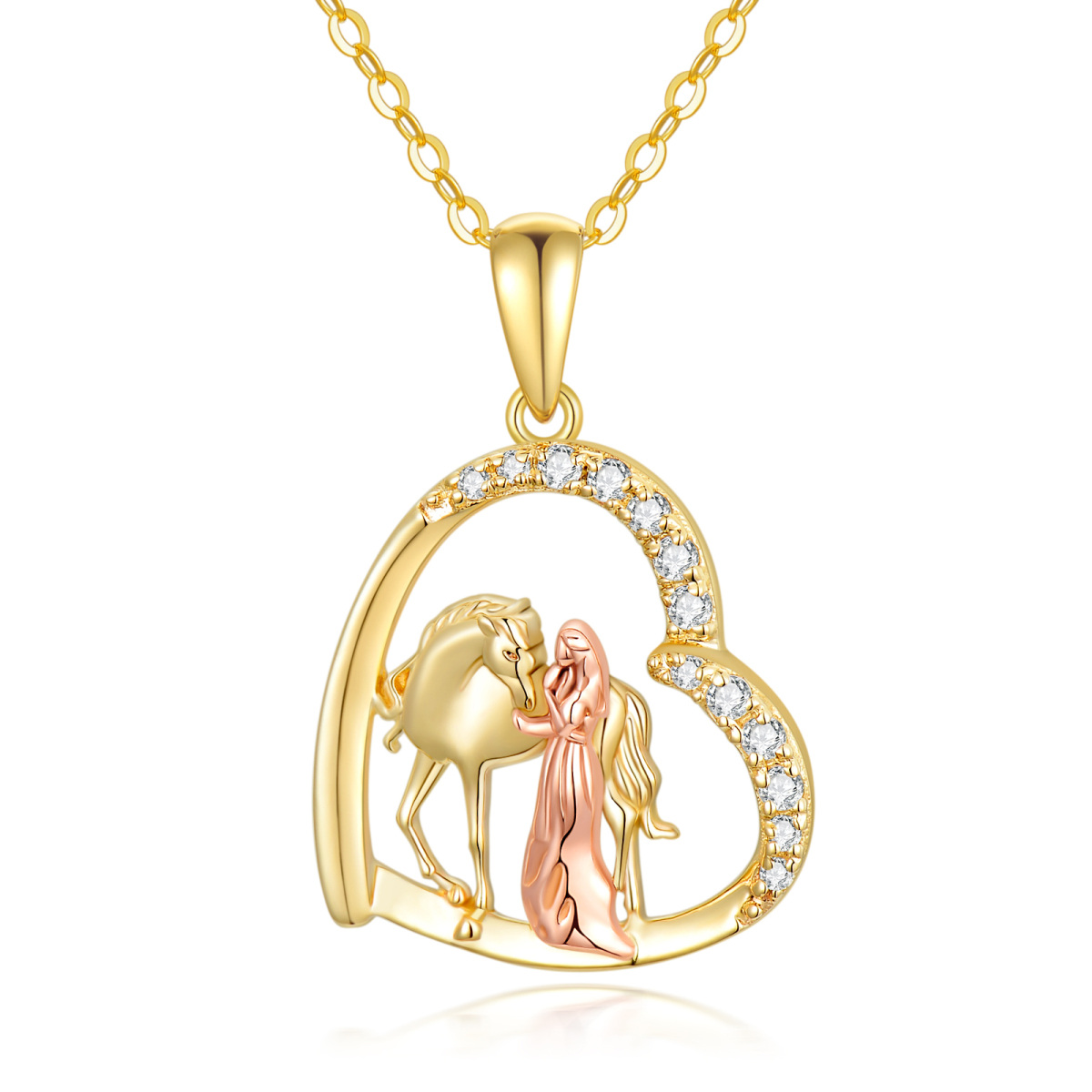 Collar de oro de 14 quilates y oro rosa con circonita cúbica, caballo y corazón-1