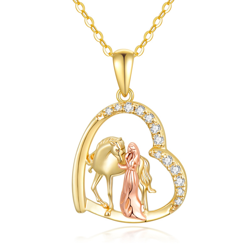 14K Gold & Rose Gold Cubic Zirconia Horse & Heart Pendant Necklace