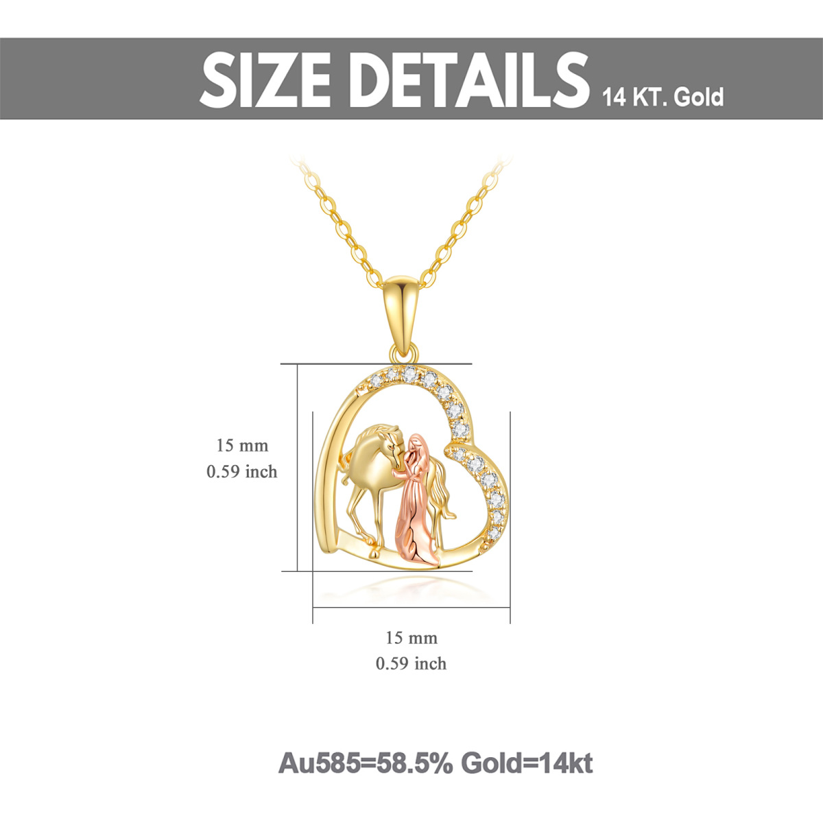 Collar de oro de 14 quilates y oro rosa con circonita cúbica, caballo y corazón-6